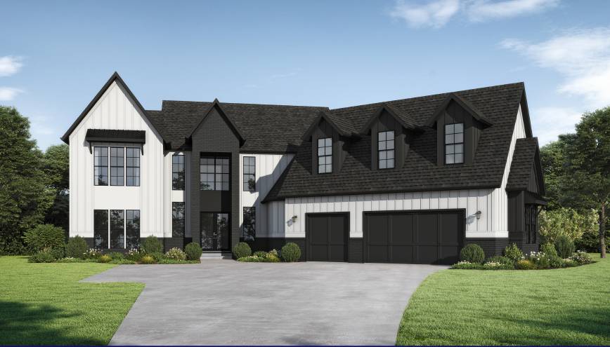 Architectural rendering of a modern farmhouse-style home with white siding, black windows, and a covered front porch in the Town Farms community by Peachtree Building Group.