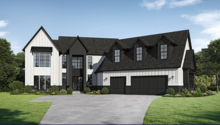 Architectural rendering of a modern farmhouse-style home with white siding, black windows, and a covered front porch in the Town Farms community by Peachtree Building Group.
