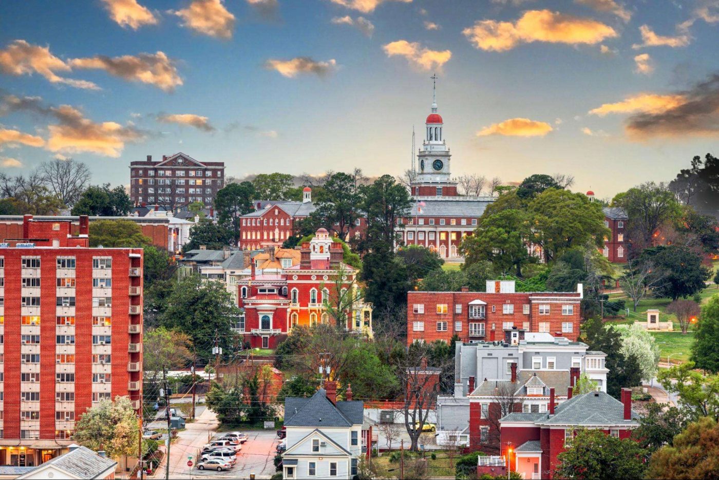 sky view of the city of Macon at sunset