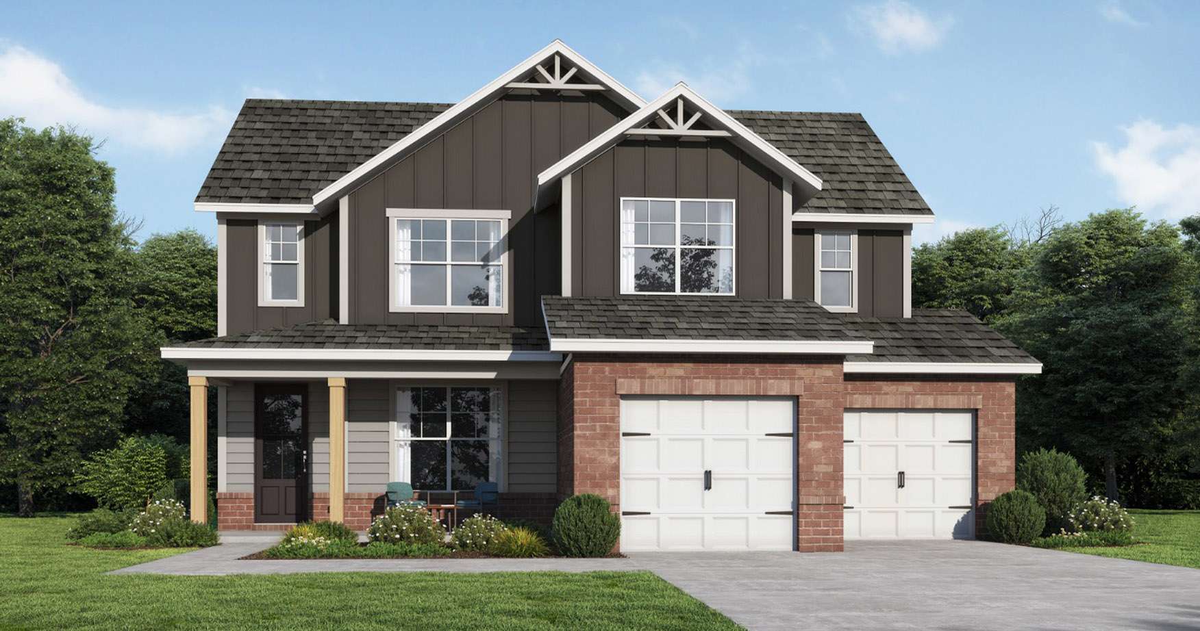 Illustration of home's exterior with brick, grey, and wooden accents with black roof