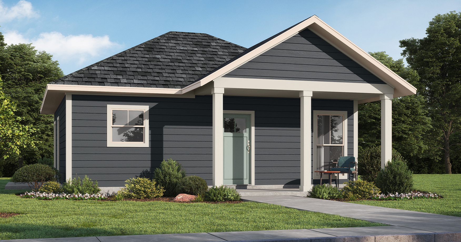 Exterior illustration of home that is grey with a mint green front door