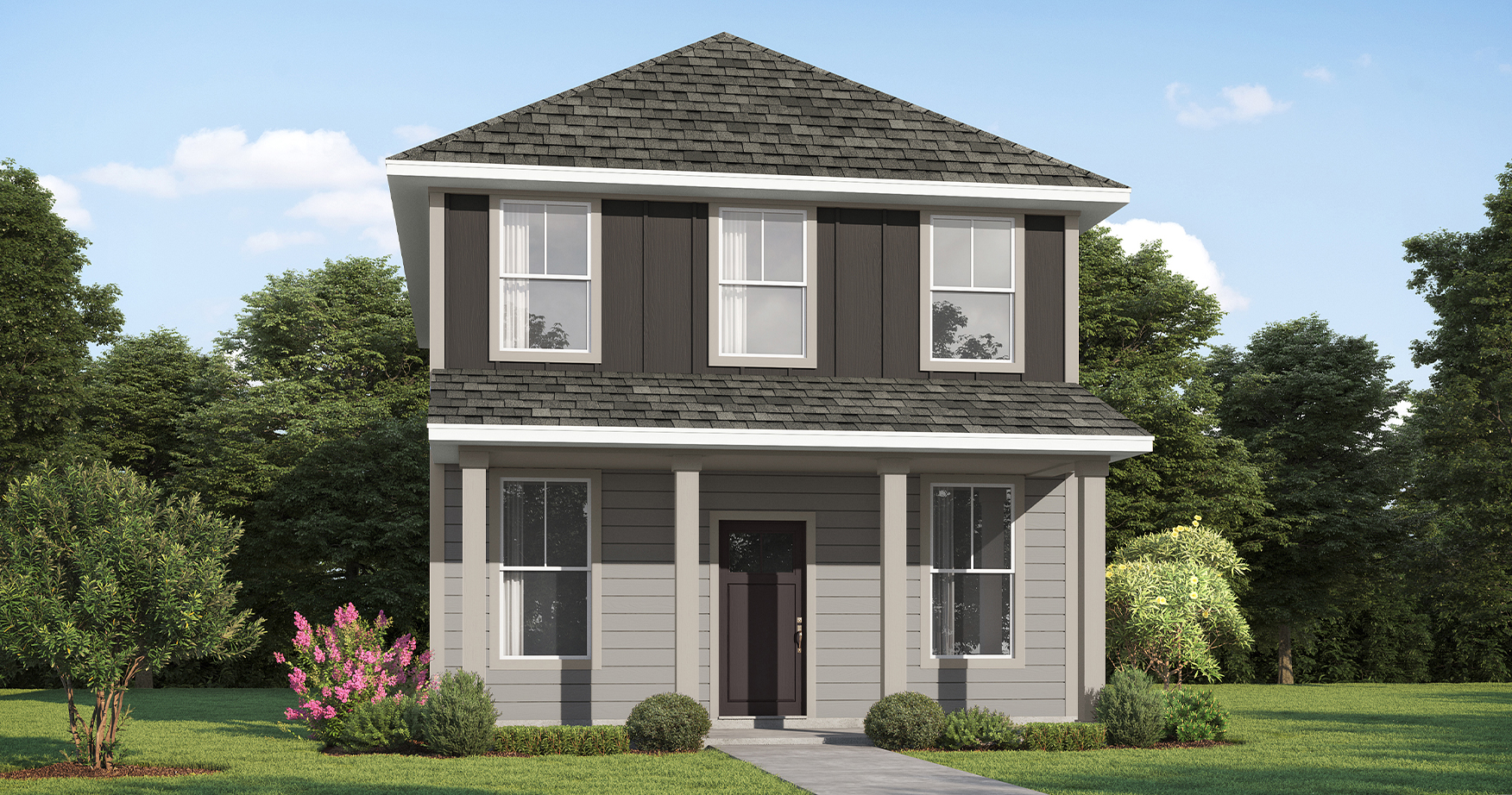 Exterior illustration of the Christine Plan with grey home accents