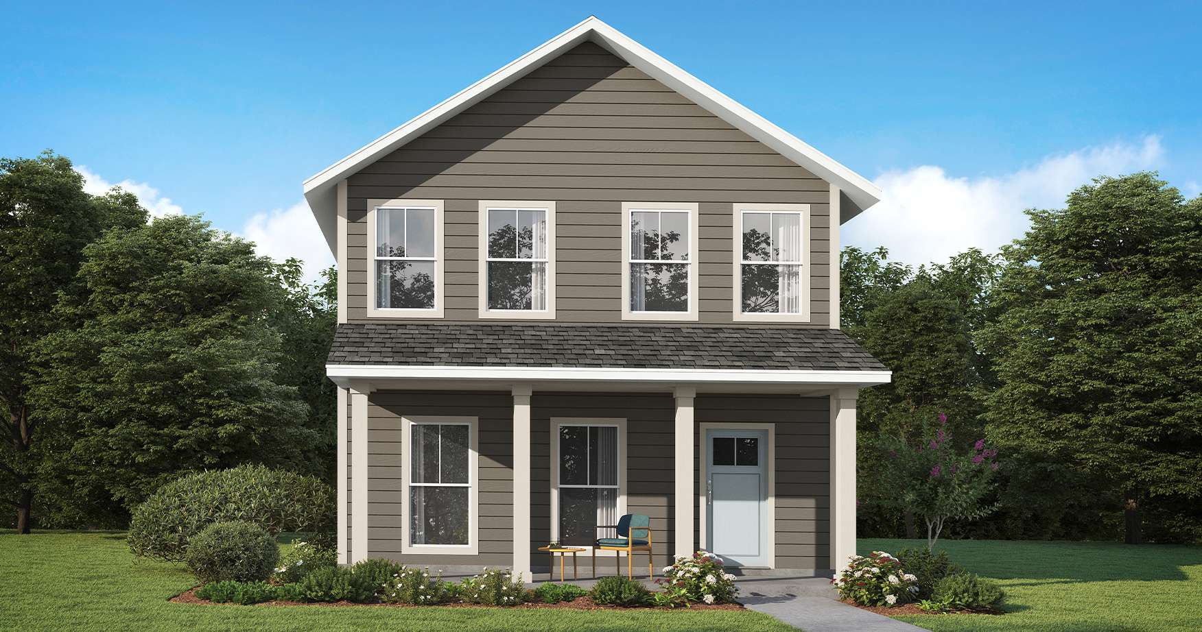 Illustration of gray and white two-story home's exterior