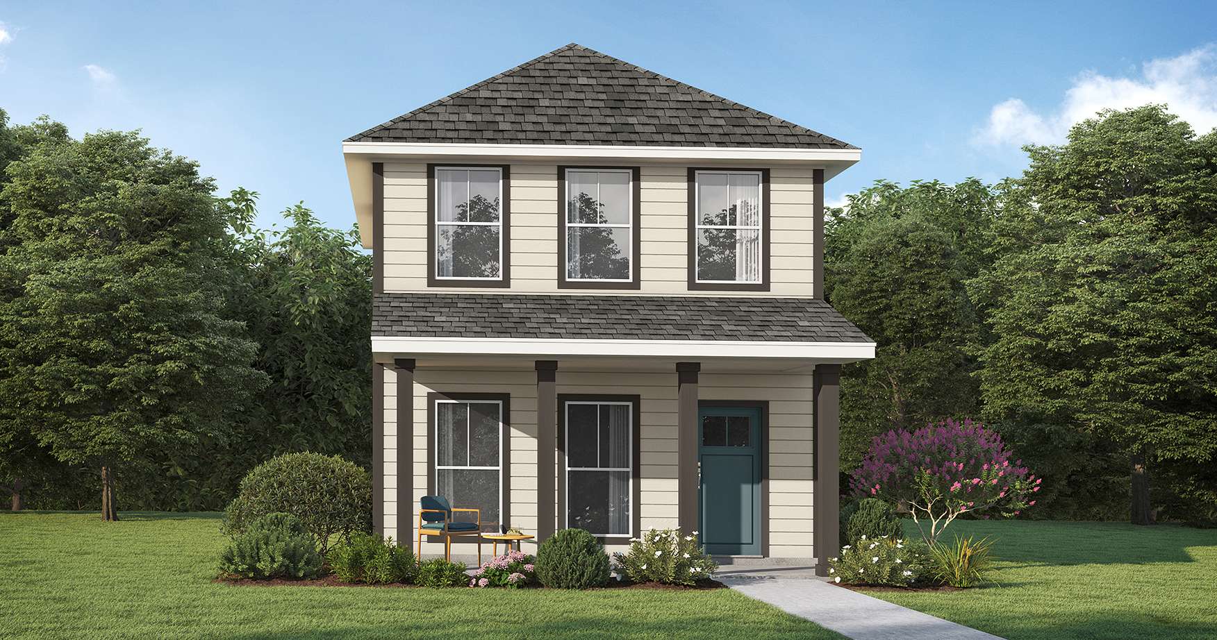 Illustration of the exterior of a single-family home that is cream with gray accents and a blue front door