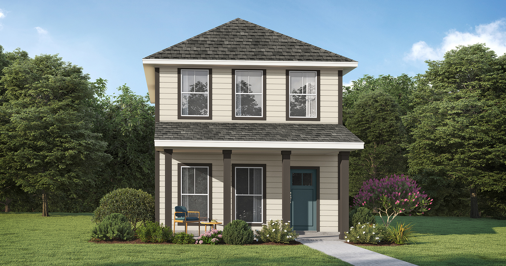 Illustration of the exterior of a single-family home that is cream with gray accents and a blue front door