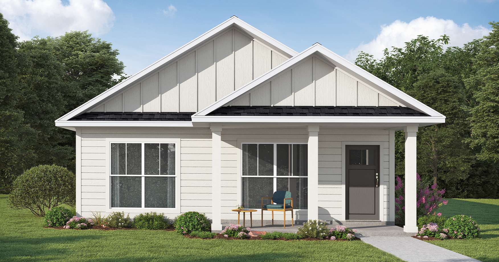 Illustration of white home exterior with beautiful landscaping