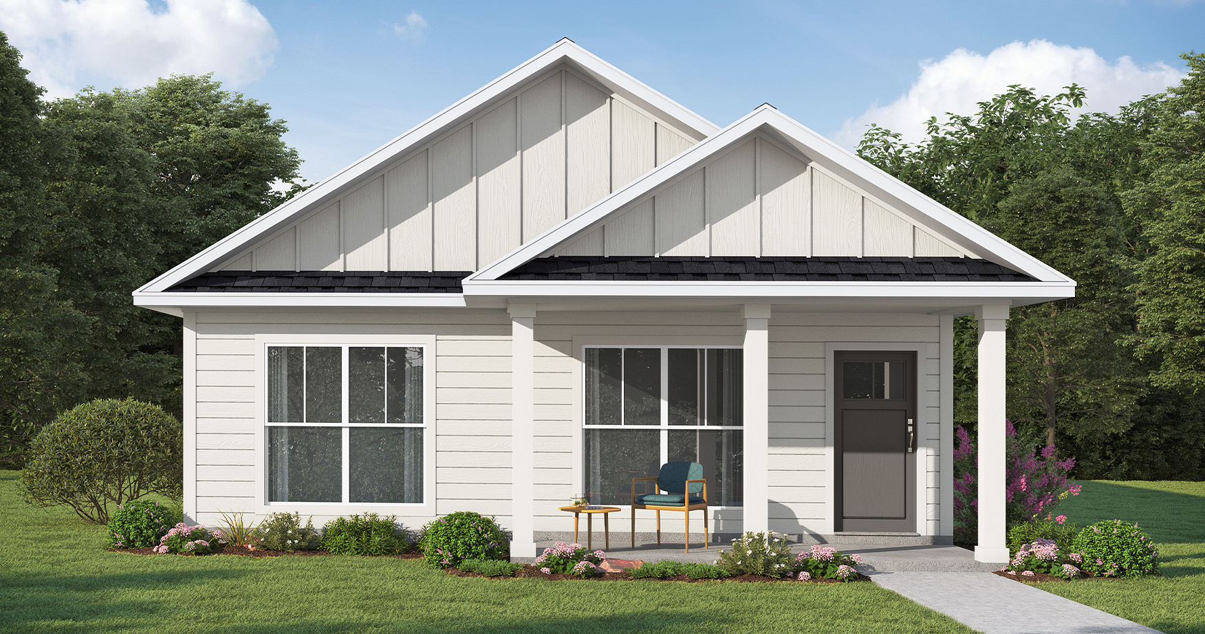 Illustration of white home exterior with beautiful landscaping