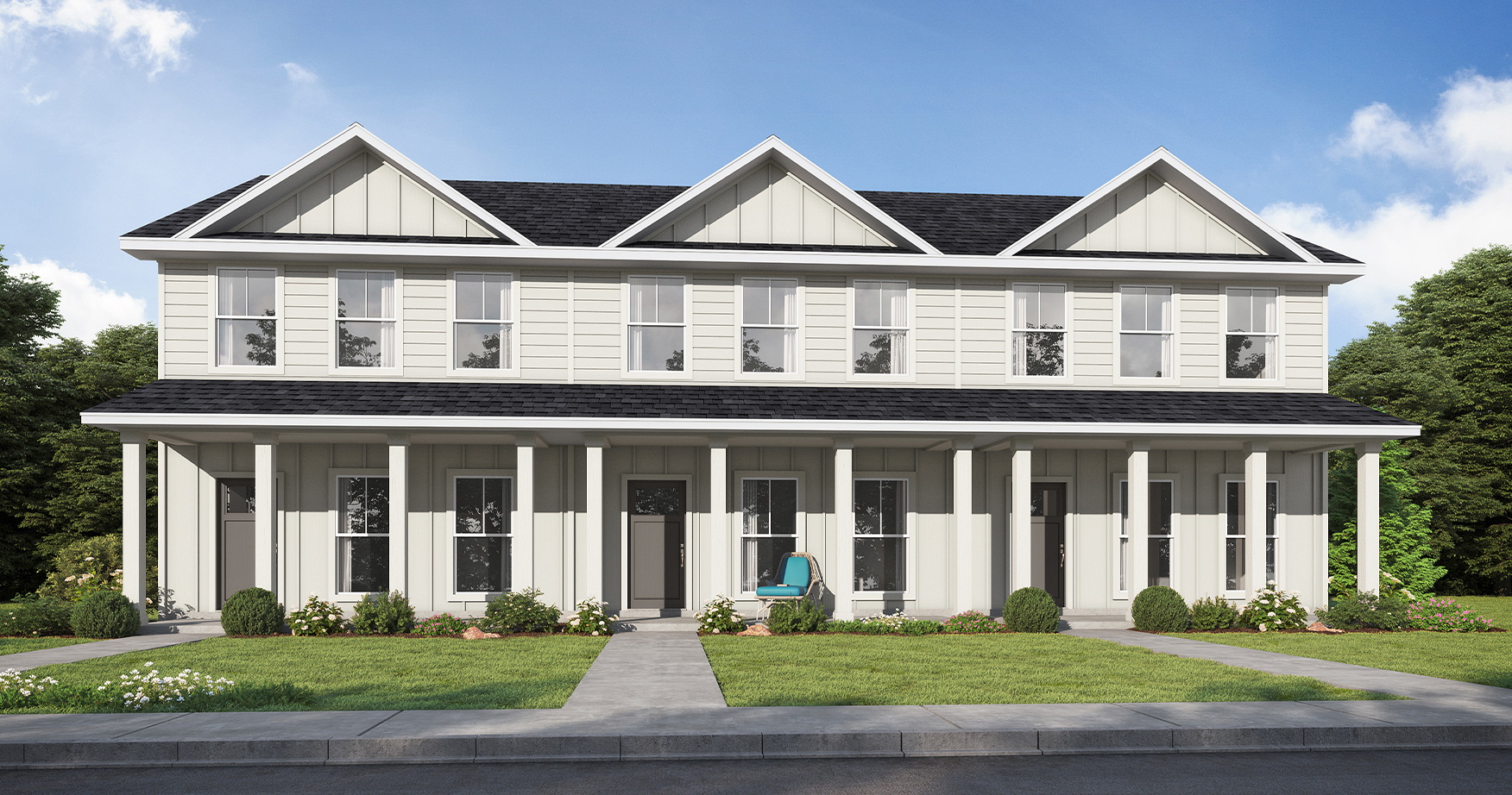 illustration of cream colored townhome exterior with black roof