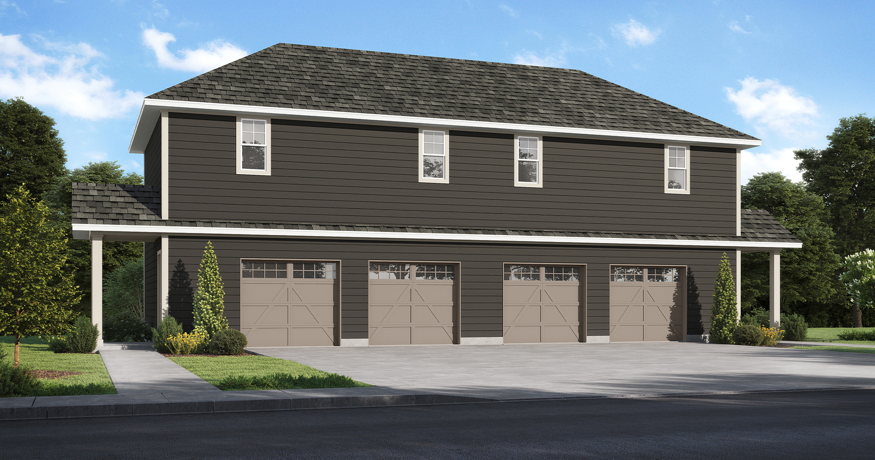 Exterior of dark colored townhome row with beige garage doors
