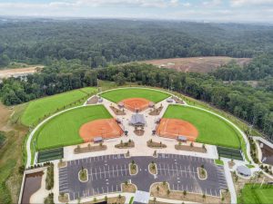 Aerial view of “The Coop” athletic complex in Gainesville, GA, near new townhomes.