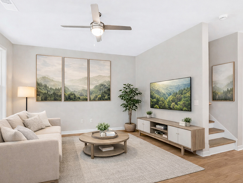 Christine Plan living room at The Cottages at East Lanier in Fayetteville, GA with couch, TV, coffee table, and artwork.