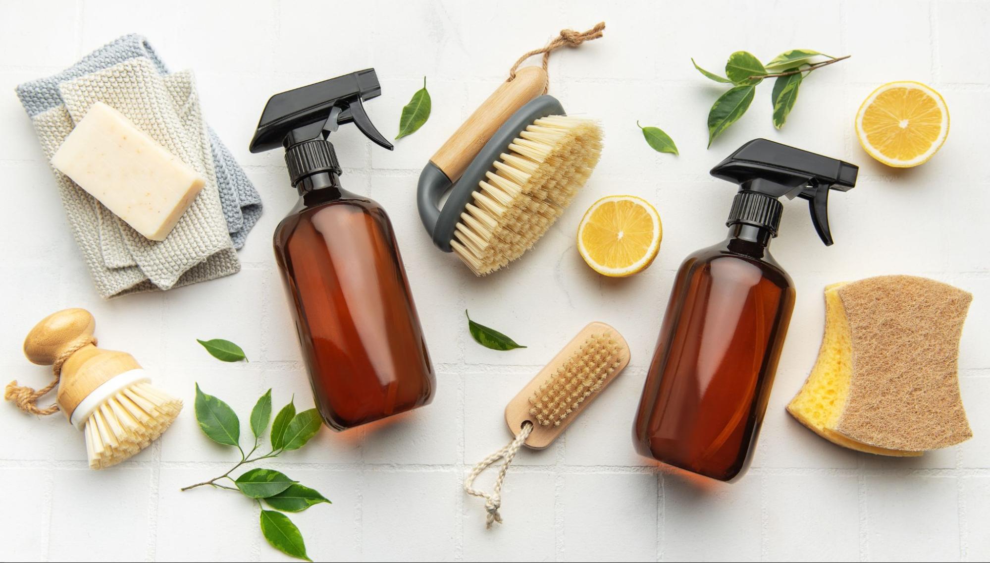 Natural spring home cleaning supplies with citrus and reusable tools ©Olena Rudo