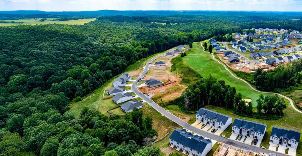 Aerial drone view of the Chimney Oaks master-planned golf community in Homer, GA